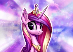 Size: 3508x2480 | Tagged: safe, artist:conniethecasanova, artist:setharu, banned from derpibooru, deleted from derpibooru, derpibooru import, edit, princess cadance, alicorn, pony, crown, female, jewelry, looking at you, mare, regalia, smiling, solo