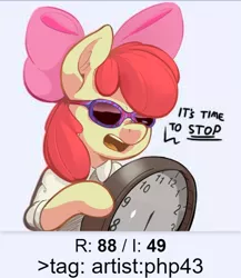 Size: 1373x1585 | Tagged: safe, artist:zapplebow, banned from derpibooru, deleted from derpibooru, derpibooru import, apple bloom, earth pony, pony, /mlp/, 4chan, bipedal, clock, clothes, drama, ear fluff, female, filly, filthy frank, hoof hold, it's time to stop, meme, open mouth, parody, reaction image, sunglasses