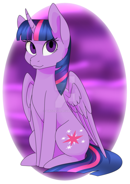 Size: 1024x1448 | Tagged: safe, artist:yinsenshi, banned from derpibooru, deleted from derpibooru, derpibooru import, twilight sparkle, twilight sparkle (alicorn), alicorn, pony, abstract background, cutie mark, female, mare, simple background, sitting, smiling, solo, transparent background, watermark