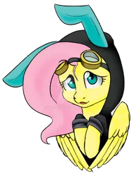 Size: 1024x1345 | Tagged: safe, artist:yinsenshi, banned from derpibooru, deleted from derpibooru, derpibooru import, fluttershy, pegasus, pony, bunny ears, clothes, costume, cute, dangerous mission outfit, female, goggles, hoodie, hooves to the chest, looking at you, mare, shyabetes, simple background, solo, transparent background, watermark