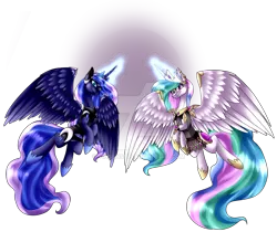 Size: 1024x862 | Tagged: safe, artist:yinsenshi, banned from derpibooru, deleted from derpibooru, derpibooru import, princess celestia, princess luna, alicorn, pony, armor, duo, female, flying, glowing horn, horn, jewelry, looking at you, mare, regalia, simple background, spread wings, transparent background, watermark, wing armor, wings