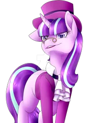 Size: 1024x1448 | Tagged: safe, artist:yinsenshi, banned from derpibooru, deleted from derpibooru, derpibooru import, snowfall frost, starlight glimmer, pony, unicorn, clothes, female, floppy ears, hat, jacket, mare, missing cutie mark, simple background, solo, spectacles, transparent background, watermark