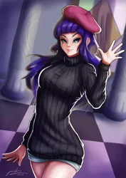 Size: 706x1000 | Tagged: safe, artist:the-park, banned from derpibooru, deleted from derpibooru, derpibooru import, rarity, human, beatnik rarity, beret, clothes, hat, humanized, looking at you, shorts, solo, standing, sweater