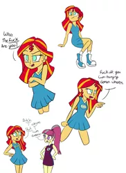 Size: 1152x1584 | Tagged: safe, artist:flight-of-the-moon, banned from derpibooru, deleted from derpibooru, derpibooru import, sour sweet, sunset shimmer, equestria girls, cheerleader, clothes, converse, dialogue, shoes, sneakers, the most popular girls in school, vulgar