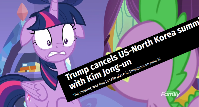 Size: 1281x688 | Tagged: safe, banned from derpibooru, deleted from derpibooru, derpibooru import, edit, edited screencap, screencap, spike, twilight sparkle, alicorn, molt down, donald trump, kim jong-un, politics, surprised, twilight sparkle (alicorn)