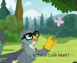 Size: 1200x978 | Tagged: safe, banned from derpibooru, deleted from derpibooru, derpibooru import, edit, edited screencap, screencap, gabby, butterfly, glasses, is this a pigeon, meme
