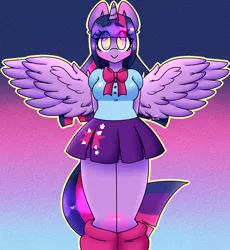Size: 2762x3000 | Tagged: safe, artist:rainbunnybaby, banned from derpibooru, deleted from derpibooru, derpibooru import, twilight sparkle, alicorn, anthro, blushing, clothes, cute, equestria girls outfit, female, leg warmers, looking at you, miniskirt, moe, pleated skirt, skirt, solo, thighs, twiabetes, twilight sparkle (alicorn), wingding eyes