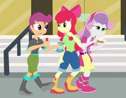 Size: 2160x1680 | Tagged: safe, artist:necrofeline, banned from derpibooru, deleted from derpibooru, derpibooru import, apple bloom, scootaloo, sweetie belle, equestria girls, 2017, bag, bar, boots, candy bar, canterlot high, chips, clothes, cutie mark crusaders, door, eating, female, food, image, png, sandwich, shoes, steps, trio, trio female, weight gain sequence