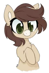 Size: 400x594 | Tagged: safe, artist:sinamuna, banned from derpibooru, deleted from derpibooru, derpibooru import, oc, unofficial characters only, deer, deer pony, original species, anime eyes, brown hair, bust, colored, deerpony, ear fluff, female, freckles, green eyes, hazel eyes, hooves to the chest, looking down, nose wrinkle, ponysona, shading, short hair, signature, simple background, smiling, solo, transparent background, white outline