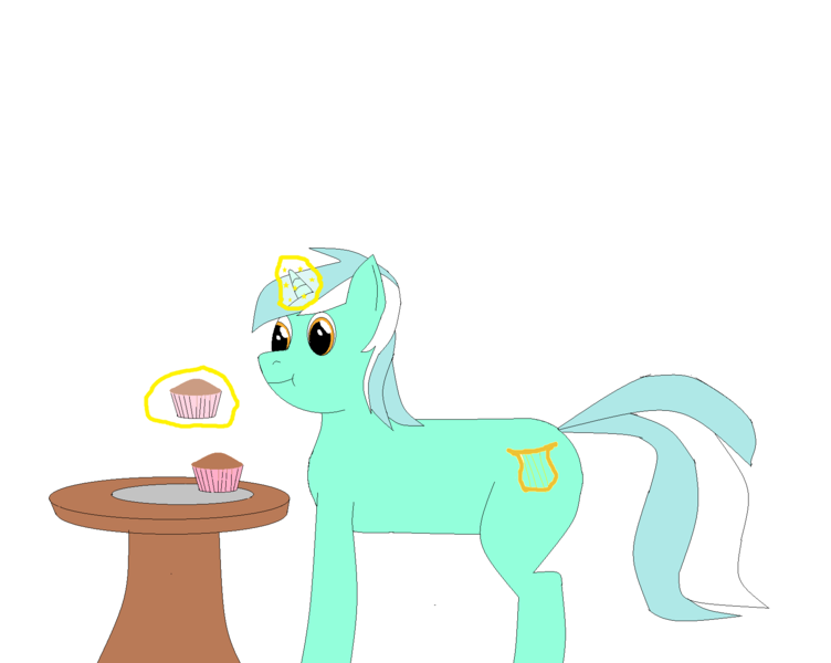 Size: 1686x1346 | Tagged: safe, artist:lunarcaptain, banned from derpibooru, deleted from derpibooru, derpibooru import, lyra heartstrings, cupcake, food, low quality, paint, plate, simple background, solo, table