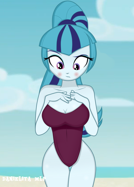 Size: 1024x1432 | Tagged: suggestive, artist:danielitamlp, banned from derpibooru, deleted from derpibooru, derpibooru import, sonata dusk, equestria girls, adorasexy, beach, blushing, breasts, busty sonata dusk, clothes, cute, female, legs, looking down, ocean, one-piece swimsuit, purple swimsuit, sand, sexy, solo, solo female, stupid sexy sonata dusk, swimsuit