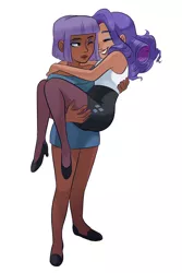 Size: 2863x4298 | Tagged: safe, artist:kianamai, banned from derpibooru, deleted from derpibooru, derpibooru import, maud pie, rarity, human, bridal carry, carrying, clothes, cutie mark, dark skin, female, humanized, lesbian, loading, moderate dark skin, rarimaud, shipping, smiling