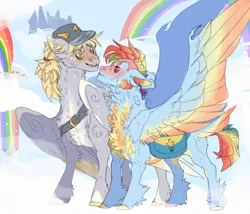 Size: 1008x864 | Tagged: dead source, safe, artist:dingobreath, banned from derpibooru, deleted from derpibooru, derpibooru import, derpy hooves, rainbow dash, pegasus, pony, alternate design, bag, blushing, cap, chest fluff, cloud, coat markings, colored wings, derpydash, duo, female, fluffy, folded wings, freckles, gradient wings, hat, height difference, image, lesbian, looking at each other, mare, multicolored wings, neck feathers, on a cloud, png, rainbow, saddle bag, shipping, spread wings, standing on cloud, wing claws, wings