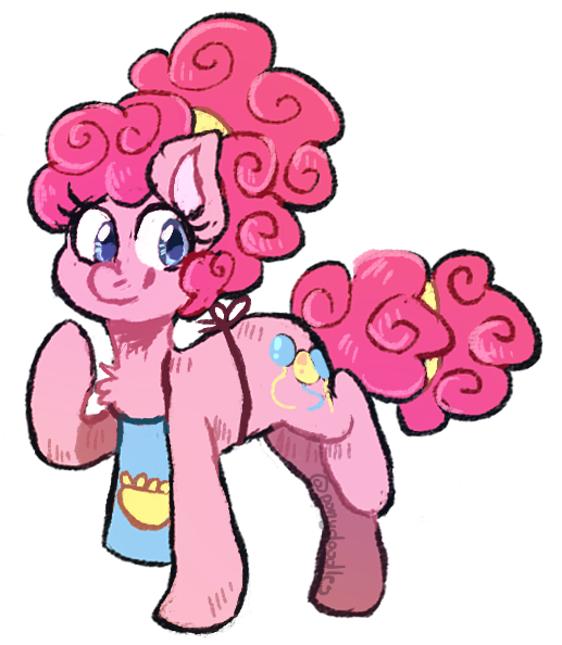 Size: 517x594 | Tagged: safe, artist:ponydoodles, banned from derpibooru, deleted from derpibooru, derpibooru import, pinkie pie, earth pony, pony, alternate hairstyle, apron, clothes, cutie mark, female, hair tie, mare, raised hoof, simple background, solo, transparent background