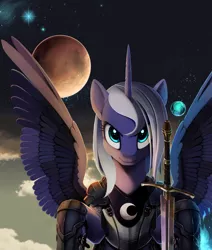 Size: 1280x1508 | Tagged: safe, artist:ponykillerx, banned from derpibooru, deleted from derpibooru, derpibooru import, princess luna, alicorn, armor, female, grimdark source, looking at you, mare, moon, planet, solo, spread wings, sword, weapon, wings