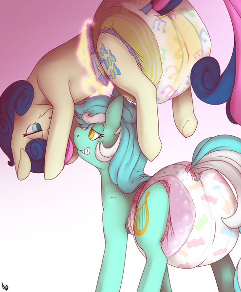 Size: 986x1196 | Tagged: questionable, artist:zaldia-mavi, banned from derpibooru, deleted from derpibooru, derpibooru import, bon bon, lyra heartstrings, sweetie drops, pony, adorabon, couple, cute, diaper, diaper fetish, female, fetish, image, lesbian, levitation, lyrabetes, lyrabon, magic, pissing, png, poofy diaper, shipping, telekinesis, urine, wet diaper, wetting