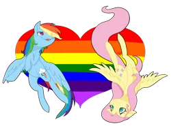 Size: 2456x1814 | Tagged: safe, artist:xenovie, banned from derpibooru, deleted from derpibooru, derpibooru import, fluttershy, rainbow dash, pegasus, pony, duo, female, flutterdash, gay pride flag, heart, heart background, lesbian, lgbt, mare, pride, pride flag, pride month, shipping, simple background, transparent background