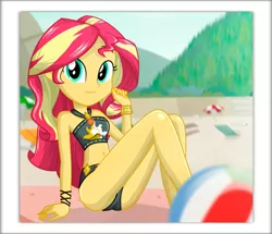 Size: 1127x969 | Tagged: suggestive, artist:charliexe, banned from derpibooru, deleted from derpibooru, derpibooru import, edit, edited edit, sunset shimmer, equestria girls, equestria girls series, forgotten friendship, adorasexy, beach, beach ball, bikini, bracelet, clothes, cute, jewelry, looking at you, midriff, photo, polaroid, sexy, shimmerbetes, solo, swimsuit