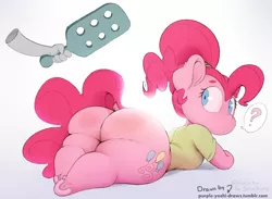 Size: 1170x856 | Tagged: suggestive, artist:purple-yoshi-draws, artist:snuckums, banned from derpibooru, deleted from derpibooru, derpibooru import, edit, pinkie pie, anthro, unguligrade anthro, alternate hairstyle, balloonbutt, bottomless, butt, clothes, colored, disembodied hand, dock, female, hand, imminent spanking, looking back, paddle, partial nudity, shirt, simple background, solo, solo female, spanking, the ass was fat, underhoof, white background