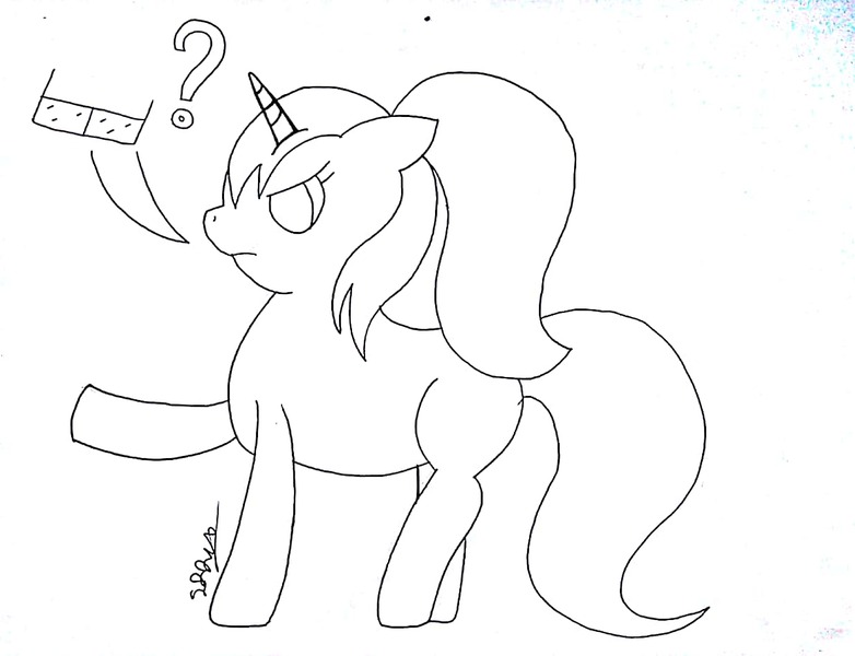 Size: 1236x948 | Tagged: safe, artist:superdavid2011, banned from derpibooru, deleted from derpibooru, derpibooru import, oc, oc:sketchy skylar, unicorn, angry, glasses, monochrome, my little pony, question mark, signature, solo, traditional art