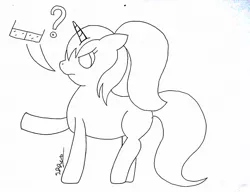Size: 1236x948 | Tagged: safe, artist:superdavid2011, banned from derpibooru, deleted from derpibooru, derpibooru import, oc, oc:sketchy skylar, unicorn, angry, glasses, monochrome, my little pony, question mark, signature, solo, traditional art