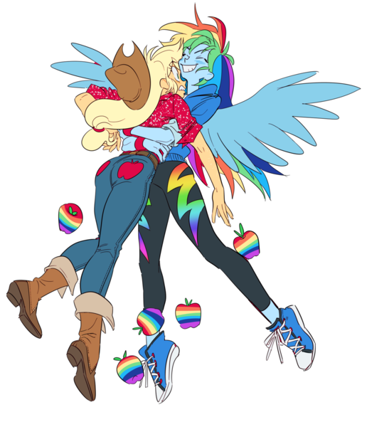Size: 1280x1489 | Tagged: safe, artist:meronabar, banned from derpibooru, deleted from derpibooru, derpibooru import, applejack, rainbow dash, equestria girls, apple, appledash, blushing, boots, clothes, converse, cowboy hat, embarrassed, female, food, hat, hug, large wings, lesbian, shipping, shoes, simple background, sneakers, transparent background, wings, zap apple