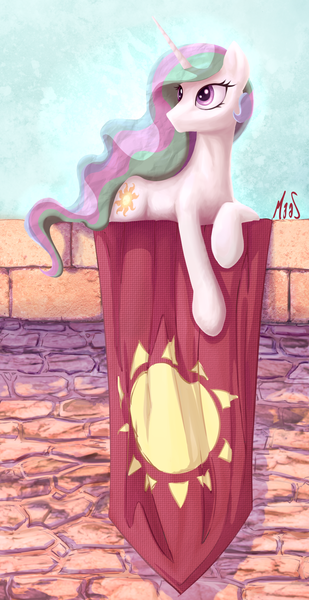 Size: 1807x3507 | Tagged: safe, artist:sea-maas, banned from derpibooru, deleted from derpibooru, derpibooru import, princess celestia, banner, female, flag, mare, solo, wingless