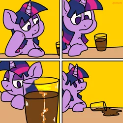 Size: 2000x2000 | Tagged: safe, artist:67fats, banned from derpibooru, deleted from derpibooru, derpibooru import, twilight sparkle, pony, unicorn, :t, chocolate, chocolate milk, comic, crossing the memes, cup, everything is ruined, exploitable meme, female, food, frown, glare, leaning, lidded eyes, looking at something, loss (meme), loss edit, mare, meme, milk, pure unfiltered evil, simple background, solo, spilled milk, wat, yellow background