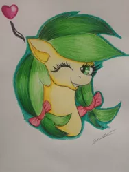 Size: 1024x1365 | Tagged: safe, artist:luxiwind, banned from derpibooru, deleted from derpibooru, derpibooru import, apple fritter, earth pony, pony, apple family member, bust, one eye closed, portrait, solo, traditional art, wink