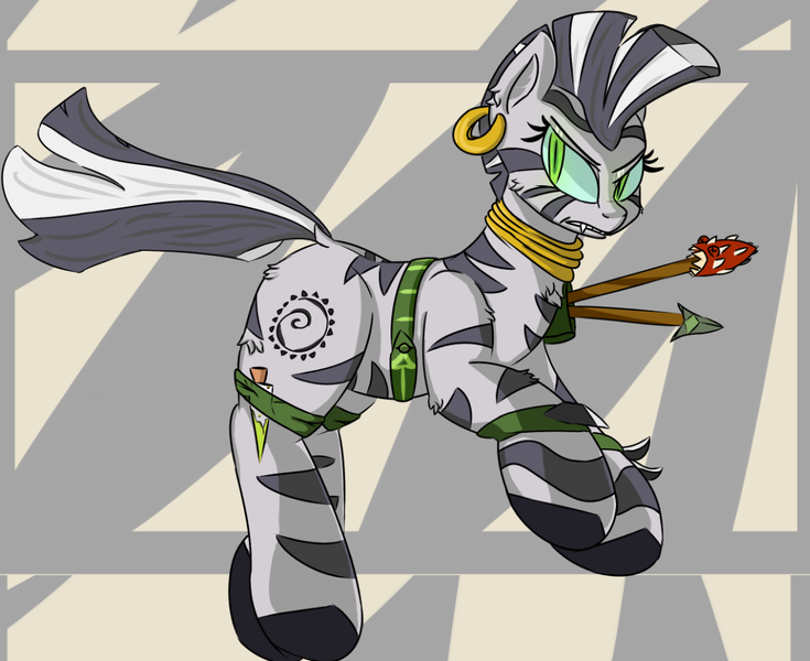 Size: 1132x924 | Tagged: safe, artist:fezan, banned from derpibooru, deleted from derpibooru, derpibooru import, queen chrysalis, zecora, changeling, zebra, alternate timeline, chrysalis resistance timeline, female, resistance leader zecora, solo, spear, weapon