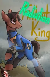 Size: 821x1248 | Tagged: safe, artist:charlie-bad-touch, banned from derpibooru, deleted from derpibooru, derpibooru import, oc, oc:dove king, unofficial characters only, unicorn, clothes, comic cover, fallout, fallout 4, nuka cola, pipboy, pipbuck, scar, solo, vault suit