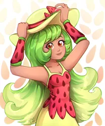 Size: 1150x1380 | Tagged: safe, artist:jumblehorse, artist:sl0ne, banned from derpibooru, deleted from derpibooru, derpibooru import, human, equestria girls, clothes, collaboration, dress, female, hat, looking at you, smiling, solo, sun hat, sundress