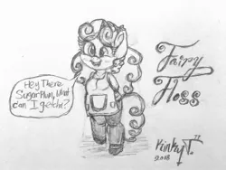 Size: 2435x1827 | Tagged: safe, artist:kinky tease, banned from derpibooru, deleted from derpibooru, derpibooru import, oc, oc:flairy floss, unofficial characters only, anthro, apron, baker, blushing, chubby, clothes, female, monochrome, pencil drawing, signature, simple background, sketch, solo, speech bubble, traditional art, white background