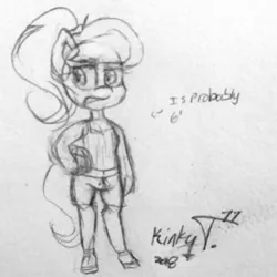 Size: 1649x1649 | Tagged: safe, artist:kinky tease, banned from derpibooru, deleted from derpibooru, derpibooru import, oc, oc:float jump, unofficial characters only, anthro, clothes, female, midriff, monochrome, pencil drawing, signature, simple background, sketch, solo, sports, tanktop, traditional art, volleyball, white background