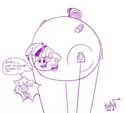 Size: 2000x1811 | Tagged: suggestive, artist:kinky tease, banned from derpibooru, deleted from derpibooru, derpibooru import, twilight sparkle, twilight sparkle (alicorn), alicorn, pony, air inflation, angry, dialogue, female, fetish, floating, floppy ears, frog (hoof), inflation, looking down, monochrome, puffy cheeks, rope, signature, simple background, solo, threat, underhoof, vulgar, white background
