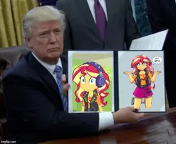 Size: 610x500 | Tagged: artist needed, safe, banned from derpibooru, deleted from derpibooru, derpibooru import, sunset shimmer, equestria girls, equestria girls series, overpowered (equestria girls), donald trump, meme
