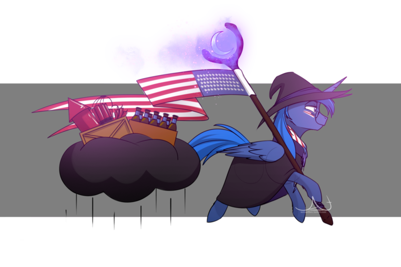 Size: 1024x683 | Tagged: safe, artist:noxartbox, banned from derpibooru, deleted from derpibooru, derpibooru import, oc, oc:noxington nocte, unofficial characters only, alicorn, pony, 4th of july, bottle, cloak, clothes, cloud, fireworks, flag, hat, holiday, male, simple background, solo, staff, stallion, transparent background, united states, wizard hat