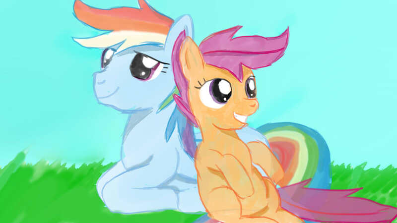 Size: 1280x720 | Tagged: safe, artist:jbond, banned from derpibooru, deleted from derpibooru, derpibooru import, clear sky, rainbow dash, scootaloo, grass, grass field, image, jpeg, prone, sitting like a human, sky, smiling, transparent tail