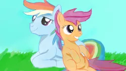 Size: 1280x720 | Tagged: safe, artist:jbond, banned from derpibooru, deleted from derpibooru, derpibooru import, clear sky, rainbow dash, scootaloo, grass, grass field, image, jpeg, prone, sitting like a human, sky, smiling, transparent tail