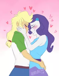 Size: 2625x3334 | Tagged: safe, artist:feellikeaplat, banned from derpibooru, deleted from derpibooru, derpibooru import, applejack, rarity, human, equestria girls, equestria girls series, blushing, clothes, cuddling, duo, eyes closed, female, hand on head, hand on hip, heart, lesbian, rarijack, shipping, smiling