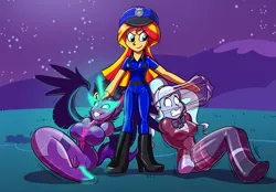 Size: 1435x1000 | Tagged: safe, artist:redflare500, banned from derpibooru, deleted from derpibooru, derpibooru import, sci-twi, sugarcoat, sunset shimmer, twilight sparkle, equestria girls, clothes, latex, mask, midnight sparkle, police officer