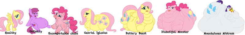 Size: 2754x400 | Tagged: safe, banned from derpibooru, deleted from derpibooru, derpibooru import, edit, berry punch, berryshine, fluttershy, pinkie pie, rarity, belly, butt, comparison, drunk, fat, fattershy, image, immobile, impossibly obese, lordryu fat edit, morbidly obese, obese, plot, png, porky pie, pudgy pie, raritubby, rearity, weight gain