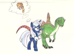 Size: 1677x1225 | Tagged: safe, artist:smcho1014, banned from derpibooru, deleted from derpibooru, derpibooru import, applejack, oc, oc:silverlay, oc:wild sketchy, dinosaur, pony, unicorn, colored pencil drawing, concavenator, duo, female, male, mare, thought bubble, traditional art