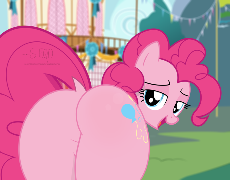 Size: 3211x2505 | Tagged: suggestive, artist:shutterflyeqd, banned from derpibooru, deleted from derpibooru, derpibooru import, edit, pinkie pie, pony, badonkaponk, balloonbutt, bedroom eyes, blue eyes, butt, close-up, cutie mark, dock, eyelashes, female, looking at you, looking back, looking back at you, mare, open mouth, plot, raised tail, seductive, sexy, sfw edit, show accurate, signature, smiling, solo, stupid sexy pinkie, tail, the ass was fat, vector