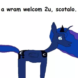 Size: 512x512 | Tagged: safe, artist:dellovan, banned from derpibooru, deleted from derpibooru, derpibooru import, princess luna, sleepless in ponyville, comic sans, digital art, misspelling, ms paint, simple background, solo, stylistic suck