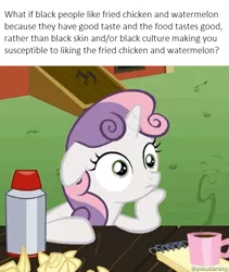 Size: 633x750 | Tagged: safe, banned from derpibooru, deleted from derpibooru, derpibooru import, edit, edited screencap, screencap, sweetie belle, bird, chicken, caption, deep thoughts, exploitable meme, food, image macro, meme, obligatory pony, stereotype, sudden clarity sweetie belle, text, watermelon
