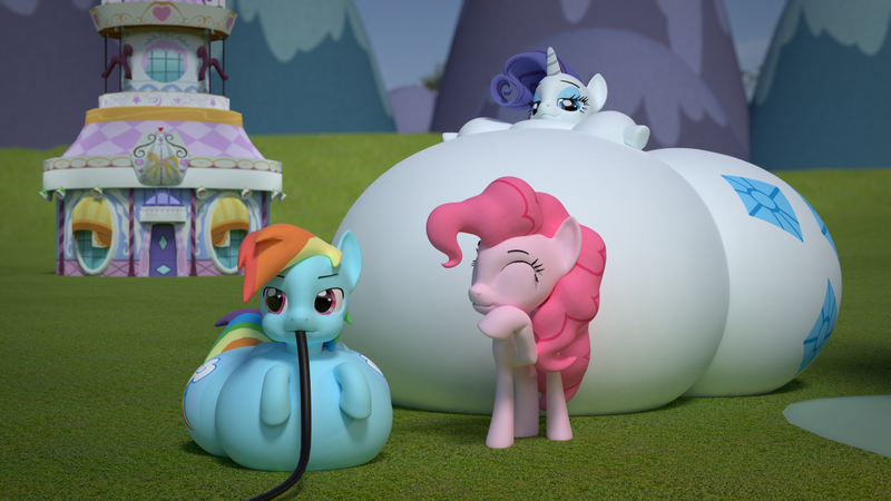 Size: 1280x720 | Tagged: suggestive, artist:kurro, banned from derpibooru, deleted from derpibooru, derpibooru import, part of a set, pinkie pie, rainbow dash, rarity, earth pony, pegasus, pony, unicorn, 3d, air inflation, belly, big belly, blender, butt, carousel boutique, eyes closed, fat, female, hose, huge belly, huge butt, immobile, impossibly large belly, impossibly large butt, inflation, large butt, morbidly obese, obese, on back, part of a series, ponyville, raritubby, rearity, smug, stretched cutie mark, trio