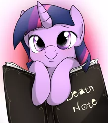 Size: 1024x1168 | Tagged: safe, artist:fotasy, banned from derpibooru, deleted from derpibooru, derpibooru import, edit, twilight sparkle, book, cute, death note, female, pure unfiltered evil, twiabetes, weapons-grade cute