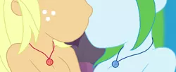 Size: 768x313 | Tagged: safe, artist:xfaithyhedgefoxx, banned from derpibooru, deleted from derpibooru, derpibooru import, applejack, rainbow dash, equestria girls, equestria girls series, appledash, female, geode of super speed, geode of super strength, implied nudity, jewelry, kissing, lesbian, magical geodes, necklace, shipping