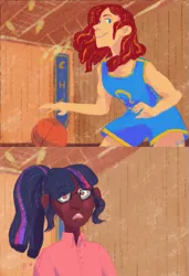 Size: 553x807 | Tagged: safe, artist:fizzledlines, banned from derpibooru, deleted from derpibooru, derpibooru import, sci-twi, sunset shimmer, twilight sparkle, human, equestria girls, basketball, blushing, comic, dark skin, female, human coloration, lesbian, scitwishimmer, shipping, sports, sunsetsparkle